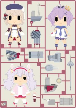 3girls anchor_hair_ornament anchor_symbol artist_logo artist_name azur_lane bare_shoulders blonde_hair chibi cola cross cross_hair_ornament hair_between_eyes hair_ornament iron_cross javelin_(azur_lane) kuhl-notes laffey_(azur_lane) logo military military_vehicle model model_kit model_ship multiple_girls pleated_skirt polearm purple_hair rudder rudder_footwear ship ship_turret short_hair skirt smile socks spear sprue thighhighs torpedo_launcher torpedo_tubes twintails warship watercraft weapon white_hair z23_(azur_lane)
