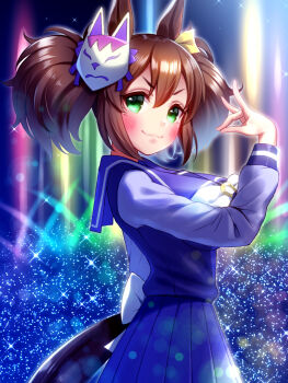 1girl animal_ears blush bow bowtie breasts brown_hair closed_mouth commentary_request fangs fox_mask fox_shadow_puppet green_eyes hair_between_eyes highres horse_ears horse_girl horse_tail inari_one_(umamusume) large_breasts long_hair looking_at_viewer mask mask_on_head pleated_skirt purple_sailor_collar purple_serafuku purple_shirt purple_skirt sailor_collar sailor_shirt school_uniform serafuku shirt skin_fangs skirt smile solo sugimotty_nova tail tracen_school_uniform twintails umamusume white_bow white_bowtie