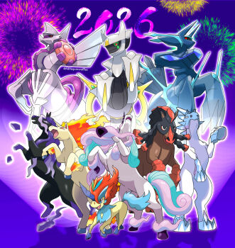 2026 animal_focus arceus black_sclera blue_eyes chinese_zodiac closed_mouth colored_sclera commentary dialga dialga_(origin) english_commentary fire galarian_form galarian_rapidash gen_1_pokemon gen_4_pokemon gen_5_pokemon gen_7_pokemon gen_8_pokemon glastrier green_sclera harlequinwaffles highres horns ice keldeo keldeo_(resolute) legendary_pokemon mudsdale mythical_pokemon new_year nintendo no_humans nostrils open_mouth orange_eyes outline palkia palkia_(origin) pokemon pokemon_(creature) pokemon_focus rapidash rearing red_eyes single_horn spectrier twitter_username white_outline year_of_the_horse