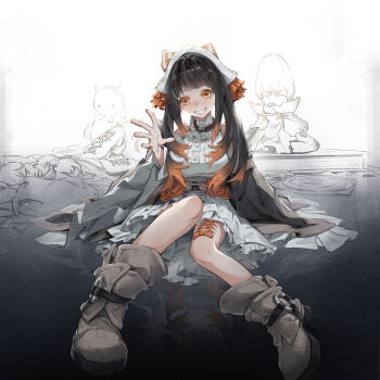 Rule 34 | 1girl, absurdres, amo empool, bare shoulders, black hair, boots, commentary request, craizuss, dress, full body, gachiakuta, gradient hair, grin, happy, highres, long hair, looking at viewer, multicolored hair, orange eyes, orange hair, reflection, smile, thigh boots, two-tone hair, white dress