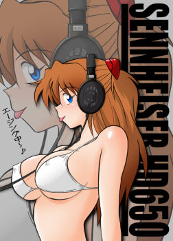 1girl :p alternate_breast_size between_breasts bikini blue_eyes blush breasts brown_hair cleavage covered_erect_nipples female_focus from_side grey_background hair_ornament headphones hetano_yokoduki large_breasts long_hair looking_at_viewer musical_note neon_genesis_evangelion product_placement profile quaver red_hair sideboob simple_background solo souryuu_asuka_langley swimsuit tongue tongue_out translation_request two_side_up underboob upper_body white_bikini zoom_layer