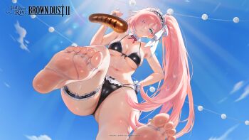 1girl absurdres armpits ass bare_shoulders barefoot bikini black_bikini blue_eyes blue_sky blush bow breasts brown_dust_(series) brown_dust_2 cleavage closed_mouth cloud collarbone copyright_name copyright_notice day detached_collar food fork frilled_bikini frilled_bow frills from_below frown groin hair_between_eyes hair_bow hair_over_one_eye hand_on_own_hip highres holding holding_fork invisible_floor lamp large_breasts lens_flare long_hair looking_at_viewer maid maid_bikini maid_headdress multi-strapped_bikini_bottom navel neck_ribbon official_alternate_costume official_art official_wallpaper outdoors pov red_ribbon ribbon rubia_(brown_dust) sausage side-tie_bikini_bottom side_ponytail single_sidelock skindentation sky soles solo standing stomach swimsuit thigh_strap unconventional_maid very_long_hair white_bow wrist_cuffs