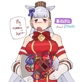 1girl animal_ears armband bare_shoulders blunt_bangs bomb bow brown_hat dress ear_bow ear_covers ear_ribbon english_text explosive gloves gold_ship_(red_strife)_(umamusume) gold_ship_(umamusume) hat highres horse_ears horse_girl jitome long_hair mood_(umamusume) pillbox_hat red_dress sleeveless sleeveless_dress solo speech_bubble time_bomb trishot umamusume white_background white_gloves wire