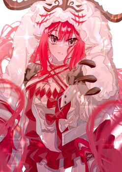 1girl baobhan_sith_(fate) baobhan_sith_(swimsuit_pretender)_(first_ascension)_(fate) breasts cernunnos_(fate) character_hood detached_collar fate/grand_order fate_(series) fur-trimmed_jacket fur_trim grey_eyes headwear_with_attached_mittens highres jacket long_hair pink_hair pink_skirt pointy_ears sidelocks skirt solo umeshu_kan white_jacket