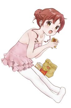 1girl :d absurdres ballet_dress bare_arms bare_shoulders braid breasts bright_pupils bun_with_hair_base burger cleavage collarbone commentary_request cup dot_nose dress dutch_angle food french_fries frilled_skirt frills gochuumon_wa_usagi_desu_ka? hair_bun half_updo highres holding holding_burger holding_food leggings light_blush long_sidelocks looking_at_viewer mcchicken mcdonald's natsu_megumi open_mouth parted_bangs pink_dress red_hair short_hair sidelocks simple_background sitting skirt small_breasts smile solo strapless strapless_dress suzume_tsumugi white_background white_leggings yellow_eyes yellow_pupils