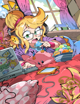 1girl blurry blurry_foreground candy cellphone cloud computer curtains eating flower food freckles glasses green_eyes hair_bun headphones holding holding_candy holding_food kafun laptop looking_at_object looking_at_screen on_bed open_mouth original phone rectangular_eyewear smartphone sticker swept_bangs teeth upper_teeth_only window