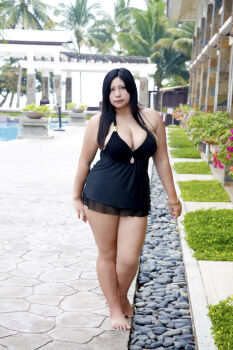 1girl asian black_hair breasts chouzuki_maryou large_breasts photo_(medium) plump solo swimsuit