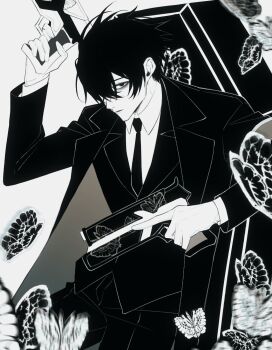 Rule 34 | 1boy, animal print, bags under eyes, coat, coffin, collared shirt, double-parted bangs, dual wielding, e.g.o (project moon), expressionless, greyscale, hair between eyes, hand up, hashtag-only commentary, highres, holding, limbus company, lobotomy corporation (identity) (project moon), looking at viewer, male focus, monarch butterfly, monochrome, necktie, project moon, sh fxng9313, shirt, short hair, solemn lament (e.g.o), solo, vest, yi sang (project moon)