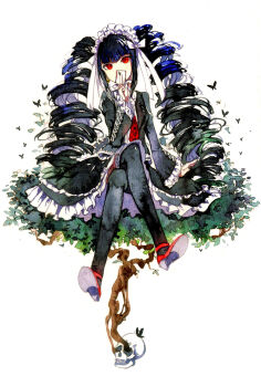 1girl accurate_lolita_coord bell bell_earrings black_hair black_jacket black_nails black_pantyhose black_skirt blazer bug butterfly card celestia_ludenberg collared_shirt covering_own_mouth cross-laced_clothes cross-laced_sleeves crossed_legs danganronpa:_trigger_happy_havoc danganronpa_(series) drill_hair earrings frilled_skirt frilled_sleeves frills gothic_lolita hairband highres hikaru-che holding holding_card in_tree insect jacket jewelry lapels lolita_fashion lolita_hairband long_hair long_skirt looking_at_viewer mary_janes multiple_hair_ribbons nail_polish necktie painting_(medium) pantyhose playing_card red_eyes red_necktie red_shoes ribbon shirt shoes sidelocks simple_background sitting sitting_in_tree skirt skull solo traditional_media translated tree twin_drills v-bangs very_long_hair watercolor_(medium) white_background white_ribbon white_shirt wide_sleeves