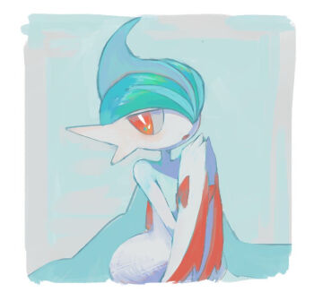 1boy arm_blade averting_eyes bad_id bad_pixiv_id blue_background blue_hair border bright_pupils butter_(oshi8kyoumoh) colored_skin gallade gen_4_pokemon green_hair hair_over_one_eye half-closed_eyes hands_up looking_to_the_side male_focus mega_gallade mega_pokemon mohawk multicolored_hair nintendo one_eye_covered open_mouth outside_border own_hands_together pokemon pokemon_(creature) red_eyes short_hair simple_background solo standing two-tone_hair upper_body weapon white_border white_pupils white_skin