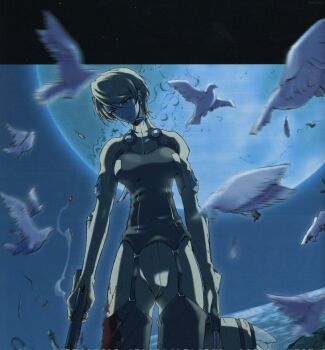 1girl bird blood flying for_the_barrel gun gundam handgun helmet highres holding holding_unworn_helmet koyama_shigeto looking_down mecha_pilot_suit moon night official_art promotional_art sayla_mass scan science_fiction smoke traditional_media unworn_headwear unworn_helmet weapon