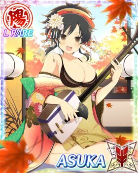 :d asuka_(senran_kagura) autumn black_bra border bra breasts brown_eyes brown_hair card_(medium) character_name cleavage floral_print floral_print_kimono game_cg hair_ribbon holding holding_instrument holding_plectrum instrument japanese_clothes kimono large_breasts long_hair looking_at_viewer music official_art open_mouth playing_instrument plectrum ponytail print_kimono red_kimono ribbon seiza senran_kagura senran_kagura_new_wave shamisen short_ponytail sitting smile third-party_source underwear