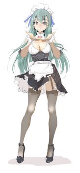 1girl alternate_costume apron aqua_hair black_shoes black_skirt black_thighhighs blush breasts cleavage corset detached_sleeves enmaided full_body garter_straps hair_ornament hairclip hashtag-only_commentary high_heels highres kantai_collection long_hair looking_at_viewer maid maid_apron maid_headdress medium_breasts shoes simple_background skirt smile solo suzuya_(kancolle) tada_(tactical_tada) thighhighs waist_apron white_apron