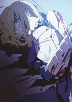 0304rong0304 1girl absurdres armor artoria_pendragon_(fate) blonde_hair blood blood_from_mouth blood_on_clothes blood_on_face blue_dress blue_eyes breastplate chromatic_aberration commentary_request dress empty_eyes fate/stay_night fate_(series) film_grain gauntlets hair_down highres korean_commentary lying on_side saber_(fate) single_gauntlet solo torn_sleeve upper_body