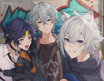 3boys absurdres animal_ears aqua_eyes asaba_harumasa black_choker black_hair black_jacket black_necktie black_sweater blue_eyes blush brown_shirt cat_boy cat_ears choker closed_mouth fangs grey_hair hair_between_eyes headband highres jacket long_sleeves looking_at_viewer male_focus multiple_boys necktie nya_inuha open_mouth seth_lowell shirt short_hair smile sweater teeth tongue turtleneck turtleneck_sweater white_shirt wise_(zenless_zone_zero) yellow_eyes yellow_headband zenless_zone_zero