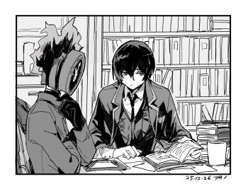 1boy 1other book bookshelf clock coat coat_on_shoulders collared_shirt cup dante_(limbus_company) dated fire gloves greyscale hashtag-only_commentary indoors library limbus_company logflops monochrome mug necktie object_head open_book project_moon shirt vest yi_sang_(project_moon)