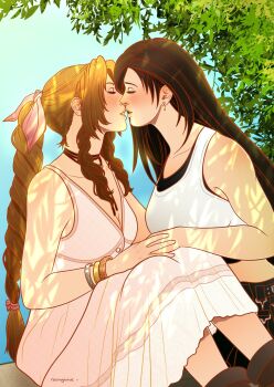 2girls aerith_gainsborough artist_name bare_arms bare_shoulders black_bra black_choker black_hair black_skirt blush boots bra braid braided_ponytail breasts brown_boots brown_hair choker cleavage closed_eyes crop_top dress earrings feet_out_of_frame final_fantasy final_fantasy_vii final_fantasy_vii_remake hair_ribbon highres holding_hands imminent_kiss jewelry long_dress medium_breasts midriff multiple_girls noctglaiveart parted_bangs parted_lips pink_dress pink_ribbon ribbon shirt sidelocks single_braid skirt sleeveless sleeveless_dress sleeveless_shirt sports_bra sundress tifa_lockhart underwear white_shirt yuri