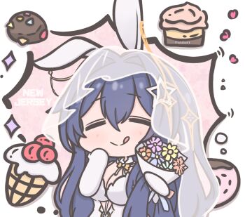 Rule 34 | artist name, azur lane, blue hair, bouquet, breasts, cake, character name, chibi, cleavage, dress, flower, food, futaba, gloves, hair ornament, hair between eyes, hair intakes, heart, holding, holding bouquet, ice cream, large breasts, long hair, new jersey (azur lane), new jersey (snow-white ceremony) (azur lane), official alternate costume, rabbit ears, ribbon, tongue, tongue out, veil, very long hair, wedding dress