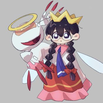 Rule 34 | 1girl, bandaid, black hair, bow, braid, crown, fairy, fairy wings, freckles, glasses, grey background, hair bow, halo, highres, kirby (series), kirby 64, long hair, long skirt, low twin braids, nintendo, one-eyed, pink skirt, red bow, red eyes, ripple star queen, simple background, skirt, sleeves past fingers, sleeves past wrists, tetete dedede 4, twin braids, wings, zero two (kirby)