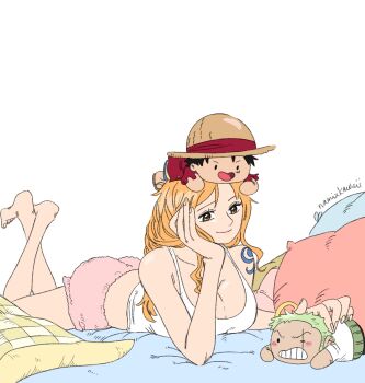 1girl 2boys bangle bare_legs barefoot bed_sheet black_hair bracelet breasts brown_eyes camisole character_doll cleavage closed_mouth crossed_ankles doll elbow_rest foot_up fuzzy_clothes green_hair hand_on_own_cheek hand_on_own_face hat highres jewelry large_breasts long_hair lying monkey_d._luffy multiple_boys nami_(one_piece) namixkawaii on_head on_stomach one_piece orange_hair pillow pink_shorts red_shirt roronoa_zoro scar scar_across_eye scar_on_face shirt short_shorts shorts shoulder_tattoo simple_background smile straw_hat tattoo twitter_username white_background white_camisole