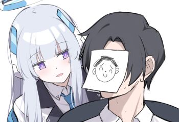 1boy 1girl behind_another black_hair blue_archive blue_halo blue_necktie blush collared_shirt doodle_sensei_(blue_archive) hair_ornament halo jacket long_hair looking_back necktie nervous_sweating noa_(blue_archive) paper_on_head purple_eyes reia_76 sensei_(blue_archive) sensei_(blue_archive_the_animation) shirt short_hair sidelocks smile sweat white_background white_hair white_halo white_jacket white_shirt