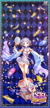 Rule 34 | 1girl, absurdres, baizu (guszx), blue eyes, blush, breasts, clothing cutout, collarbone, dress, full body, gem, gem hair ornament, glowing, hair intakes, hair ornament, hand fan, highres, holding, jewelry, long sleeves, looking at viewer, navel, official art, official wallpaper, open mouth, outstretched arm, paper fan, pink gem, red gem, shironeko project, short dress, short hair, shoulder cutout, simple background, small breasts, smile, solo, spread fingers, standing, standing on one leg, tina topia, uchiwa, wide sleeves