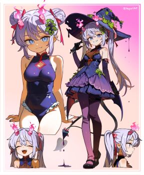 1girl :d absurdres bare_arms bare_shoulders black_gloves black_shoes blue_dress blue_eyes blue_hair blush border breasts cleavage closed_eyes closed_mouth commentary covered_navel cropped_legs cropped_torso cross-shaped_pupils demon_girl demon_tail demon_wings double_bun dress english_commentary fang fang_out fire frilled_leotard frills full_body gloves grin hair_bun hair_ribbon hand_up hepari highres horns leotard long_hair looking_at_viewer low_wings medium_breasts open_mouth original outside_border pantyhose pink_background pink_fire pink_horns pink_ribbon purple_leotard purple_pantyhose ribbon shoes sidelocks sleeveless sleeveless_dress smile standing symbol-shaped_pupils tail twintails twitter_username white_border wings