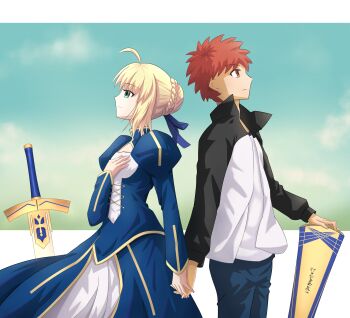1boy 1girl absurdres ahoge andychen662000 artoria_pendragon_(fate) avalon_(fate) blonde_hair blue_bow bow braid bun_with_braided_base couple emiya_shirou excalibur_(fate/stay_night) fate/stay_night fate_(series) green_eyes hair_bow hair_bun hetero highres holding holding_hands orange_hair saber_(fate) scabbard sheath sidelocks sword weapon