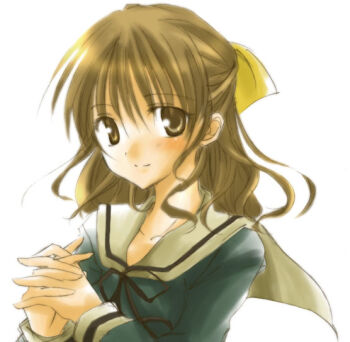 00s 1girl blonde_hair blush brown_eyes collarbone female_focus floating_hair hair_ribbon long_hair looking_at_viewer maria-sama_ga_miteru naitou_shouko own_hands_clasped own_hands_together ribbon school_uniform serafuku shouko simple_background smile solo upper_body wavy_hair