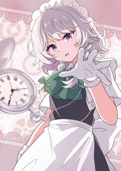 1girl apron bow bowtie braid braided_sidelocks clock commentary frilled_headwear gloves green_bow green_bowtie haruki_reimari izayoi_sakuya looking_at_viewer maid maid_headdress open_mouth purple_eyes solo touhou white_apron white_gloves white_hair white_headdress
