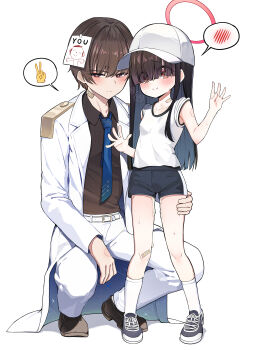 1boy 1girl absurdres aftersex anger_vein bandaid bandaid_on_knee bandaid_on_leg bandaid_on_neck baseball_cap belt bite_mark bite_mark_on_hand bite_mark_on_shoulder black_footwear black_hair black_shirt blue_archive blue_footwear blue_necktie blue_shorts blush breasts breath closed_mouth coat collarbone collared_shirt commentary cum cumdrip cumdrip_through_clothes doodle_sensei_(blue_archive) full_body gro_(lee145879) gym_uniform hair_over_eyes halo hands_up hat hetero highres implied_after_sex justice_task_force_member_(blue_archive) kneehighs loli long_hair long_sleeves necktie pants paper_on_head problem_solver_sensei_(blue_archive) red_eyes red_halo sensei_(blue_archive) shirt shoes short_hair short_shorts short_sleeves shorts sleeves_rolled_up small_breasts smile sneakers socks speech_bubble spoken_anger_vein spoken_v squatting standing white_belt white_coat white_headwear white_pants white_shirt white_socks