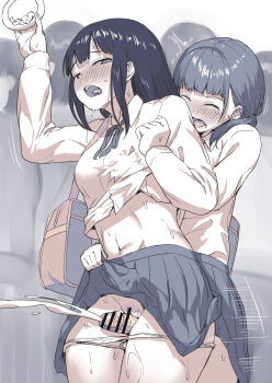 1futa 1girl absurdres ayanakitori bad_source bar_censor blush breasts censored chikan closed_eyes clothes_lift cum dress_shirt ejaculation futa_with_female futanari grabbing_another's_breast grinding groping highres long_hair medium_breasts molestation navel open_mouth original panties panty_pull penis pleated_skirt projectile_cum pussy pussy_juice shirt shirt_lift sidelocks skirt sweat tears textless_version thigh_sex tongue train_interior twintails underwear