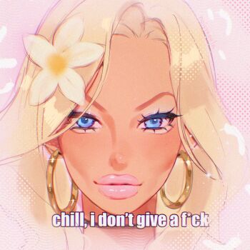 1girl aegyo_sal blonde_hair blue_eyes cheekbones chromatic_aberration closed_mouth commentary earrings english_commentary english_text eyelashes eyeshadow feathers film_grain flower forehead gold_earrings gyaru_makeup hair_flower hair_ornament halftone highres hoop_earrings impact_(font) jewelry long_hair looking_at_viewer makeup meme noisykoala original parted_bangs pink_background pink_eyeshadow pink_lips pink_theme portrait queen_never_cry_(meme) sketch sparkle tan thick_lips two-tone_flower white_flower yellow_flower