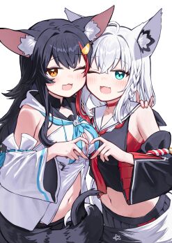 2girls ;d absurdres ahoge animal_ear_fluff animal_ear_piercing animal_ears aqua_eyes black_hair black_ribbon black_serafuku black_shirt black_shorts black_skirt black_sleeves blue_neckerchief braid choker cropped_shirt deaver detached_sleeves double-parted_bangs flipped_hair fox_ears fox_girl fox_tail front_slit hair_between_eyes hair_ornament hair_ribbon hairclip heart heart_hands heart_hands_duo highres hololive hood hooded_vest hoodie kouhaku_nawa long_hair looking_at_viewer low_ponytail multicolored_hair multiple_girls navel neckerchief one_eye_closed ookami_mio ookami_mio_(1st_costume) open_mouth pentagram pleated_skirt ponytail red_choker red_hair red_neckerchief ribbon rope sailor_collar school_uniform serafuku shimenawa shirakami_fubuki shirakami_fubuki_(1st_costume) shirt shorts side_braid sidelocks skirt sleeveless sleeveless_shirt smile streaked_hair tail very_long_hair vest virtual_youtuber white_hair white_sailor_collar white_sleeves wide_sleeves wolf_ears wolf_girl wolf_tail yellow_eyes