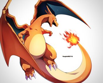 aobi_3814 charizard claws colored_skin dragon_wings fangs fire flying gen_1_pokemon highres nintendo no_humans orange_skin pokemon pokemon_(creature) pokemon_focus solo tail twitter_username white_background wings