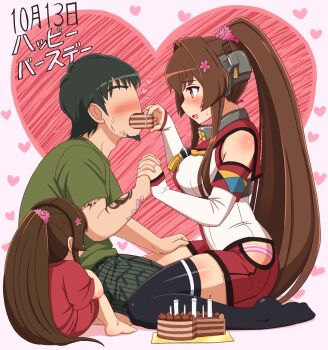 10s 1boy 2girls artist_self-insert asymmetrical_legwear bad_id bad_pixiv_id beard black_hair blush cake candle detached_sleeves facial_hair family food hair_between_eyes happy_birthday highres holding_hands interlocked_fingers jewelry kantai_collection ko-yamato long_hair multiple_girls panties profile purple_eyes ring shin'en-san_(shin'en) shin'en_(gyokuro_company) single_thighhigh sitting striped_clothes striped_panties tattoo thighhighs underwear uneven_legwear very_long_hair wariza wedding_band wedding_ring yamato_(kancolle) yokozuwari