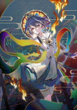 1girl absurdres bare_shoulders bra bracelet bridal_gauntlets chinese_clothes chinese_commentary choker collarbone detached_collar detached_sleeves earrings fire flat_chest floating floating_hair green_skirt grey_eyes grey_hair hair_between_eyes hair_floating_upwards hair_ornament hairclip hands_up head_tilt headpiece highres honkai:_star_rail honkai_(series) jewelry long_hair looking_at_viewer looking_to_the_side low_twintails multicolored_background multicolored_clothes multicolored_eyes navel open_mouth orange_eyes parted_lips pendant procreate_(medium) red_nails seawave02974 short_sleeves single_earring skirt solo solo_focus stomach thighlet thighs twintails underwear yunli_(honkai:_star_rail)