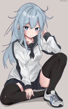 1girl alternate_costume black_shorts black_thighhighs blue_eyes commentary_request grey_background grey_hair hibiki_(kancolle) highres kantai_collection long_hair miron_(mirona33) sailor_collar sailor_shirt shirt shoes shorts simple_background sitting sneakers solo thighhighs twitter_username white_shirt white_shoes