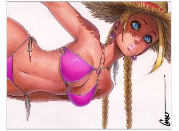 1girl arm_behind_head artist_name bandeau bikini blonde_hair blue_eyes border braid breasts cammy_white capcom cleavage commentary commentary_request english_commentary hanging hat highres large_breasts long_hair looking_at_viewer navel official_alternate_costume omar_dogan parted_lips pink_bandeau pink_bikini pink_lips protected_link puckered_lips scan shirt sideways signature simple_background solo straw_hat street_fighter street_fighter_6 sun_hat swimsuit t-shirt tan tanline toned toned_female traditional_media twin_braids udon_entertainment v white_background white_border