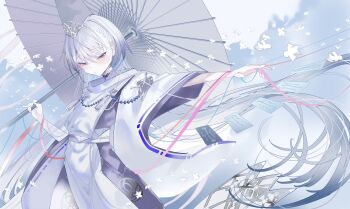 1-gou_(111touban) 1girl :o blue_sky blush cowboy_shot grey_hair half-closed_eyes hand_up highres holding holding_umbrella japanese_clothes kariginu kuon_(shadowverse) long_hair long_sleeves looking_at_viewer oil-paper_umbrella outdoors paper_doll purple_eyes shadowverse sky solo tiara umbrella very_long_hair white_sleeves wide_sleeves