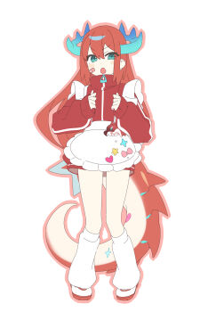 1girl 3_ma_me :o alternate_costume apron aqua_eyes aqua_horns bow dragon_girl dragon_horns dragon_tail duel_monster frilled_apron frills full_body highres horns jacket jersey_maid kitchen_dragonmaid leg_warmers long_sleeves looking_at_viewer maid maid_apron name_tag open_mouth red_hair red_jacket serious simple_background sleeves_past_wrists standing tail tail_bow tail_ornament track_jacket track_suit turtleneck turtleneck_jacket unconventional_maid v-shaped_eyebrows waist_apron white_apron white_background white_bow white_leg_warmers yu-gi-oh! zipper_pull_tab