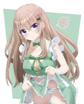 1girl 9-nine- alternate_costume apron blue_eyes blush bow bow_panties bowtie breasts brown_hair buttons cleavage closed_mouth clothes_lift collarbone commentary_request cowboy_shot crop_top detached_collar ear_blush eyes_visible_through_hair frilled_apron frilled_skirt frilled_thighhighs frills gear_hair_ornament green_background green_bow green_bowtie green_ribbon green_skirt green_theme green_thighhighs hair_between_eyes hair_ornament heart heart_button highres kujou_miyako large_breasts lifting_own_clothes long_hair looking_at_viewer maid maid_apron midriff panties presenting raised_eyebrows ribbon sam39796 shy sidelocks simple_background skirt skirt_lift solo speech_bubble spoken_heart thigh_gap thighhighs underwear upturned_eyes very_long_hair waist_apron wavy_mouth white_apron white_panties white_wrist_cuffs wing_hair_ornament wrist_cuffs