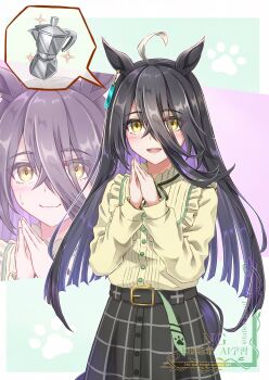 Rule 34 | 1girl, absurdres, ahoge, animal ears, belt, black belt, black hair, black ribbon, black skirt, blush, closed mouth, coffee pot, commentary request, ear tag, earrings, frilled shirt, frills, gentiano815, hair between eyes, highres, horse ears, horse girl, horse tail, jewelry, long bangs, long hair, long hair between eyes, long sleeves, manhattan cafe (casual) (umamusume), manhattan cafe (umamusume), multicolored hair, neck ribbon, open mouth, ribbon, shirt, shirt tucked in, single earring, skirt, smile, speech bubble, sweatdrop, tail, umamusume, white hair, yellow eyes, yellow shirt, zoom layer