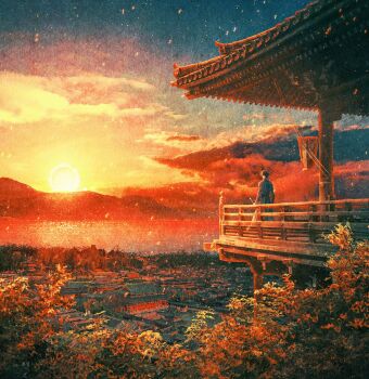 Rule 34 | 1boy, absurdres, bellta (kimbellta), black coat, black hair, cloud, cloudy sky, coat, commentary request, falling leaves, full body, gradient sky, highres, korean commentary, lake, lantern, leaf, light particles, male focus, mountainous horizon, omniscient reader's viewpoint, open clothes, open coat, paper lantern, railing, scabbard, scenery, sheath, short hair, sky, solo, standing, sunset, tree, village, wide shot, yoo joonghyuk