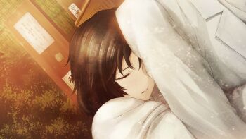 1boy 1girl black_hair chihaya_(clothing) choker clenched_teeth closed_eyes coat crying dutch_angle eyelashes game_cg genderswap genderswap_(mtf) hair_ornament hairclip hakama hakama_skirt head_out_of_frame highres hug hug_from_behind huke japanese_clothes kosode lapels leaf leaning_on_person miko non-web_source notched_lapels official_art okabe_rintarou outdoors parted_lips red_hakama ribbon_choker ribbon_trim science_adventure shiny_lips shrine skirt standing steins;gate streaming_tears sunset tears teeth urushibara_luka white_coat wide_sleeves