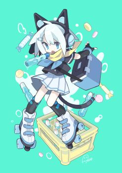 1girl absurdres ahoge aida_(aidia) air_bubble animal_ear_headphones animal_ears aqua_background arms_up black_gloves black_shirt blue_eyes blue_neckerchief boots bottle bubble cable cable_tail candy cat_ear_headphones cat_ears commentary_request cooler crate elbow_gloves fake_animal_ears fingerless_gloves floating food full_body gloves grey_hair hair_ornament hairclip headphones highres lollipop looking_at_viewer mechanical_tail neckerchief open_mouth original pleated_skirt ramune roller_skates scarf shirt short_hair short_sleeves signature skates skirt solo tail white_boots white_skirt wristband yellow_scarf