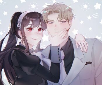 1boy 1girl arm_around_shoulder black_hair black_jacket black_shirt blonde_hair blue_eyes blush collared_shirt couple earrings frown gold_earrings grey_background grey_jacket grey_necktie hairband hand_on_another&#039;s_chin hetero ideksams jacket jewelry juliet_sleeves long_hair long_sleeves necktie parted_bangs pocket_square ponytail puffy_sleeves red_eyes shirt shooting_star short_hair sidelocks smile spy_x_family suit_jacket twilight_(spy_x_family) upper_body white_hairband yor_briar