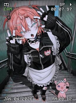 1boy ahoge akagi_wen alternate_costume alternate_hairstyle animalization apron arms_up artist_name bandaid bandaid_on_cheek bandaid_on_face bandaid_on_leg black_choker black_gloves black_jacket black_nails blue_eyes cat choker claw_pose cross cross_earrings dated ear_piercing earrings fingerless_gloves foreshortening full_body gloves hair_ornament hairclip highres jacket jersey_maid jewelry looking_at_viewer maid maid_apron medium_hair nijisanji on_stairs open_mouth person_and_animalization piercing pink_hair sharp_teeth sleeves_past_wrists solo spiked_choker spikes stairs standing stone_stairs teeth tile_wall tiles two_side_up unconventional_maid virtual_youtuber x_hair_ornament xdoxa89