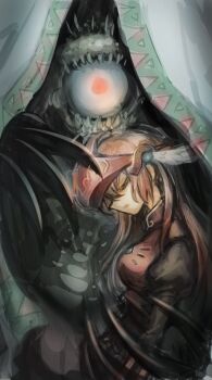 1girl alhazad_(wild_arms) armor armored_dress brown_hair commentary_request demon dress elmina_niet helmet highres lady_harken long_hair red_armor sakakai_toppa smile wild_arms wild_arms_1