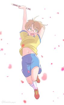 1boy dondoko_mozutaro flute glasses instrument jinnai_enta jumping male_focus midriff_peek orange_hair recorder sarazanmai shirt shorts shota smile solo white_background yellow_shirt